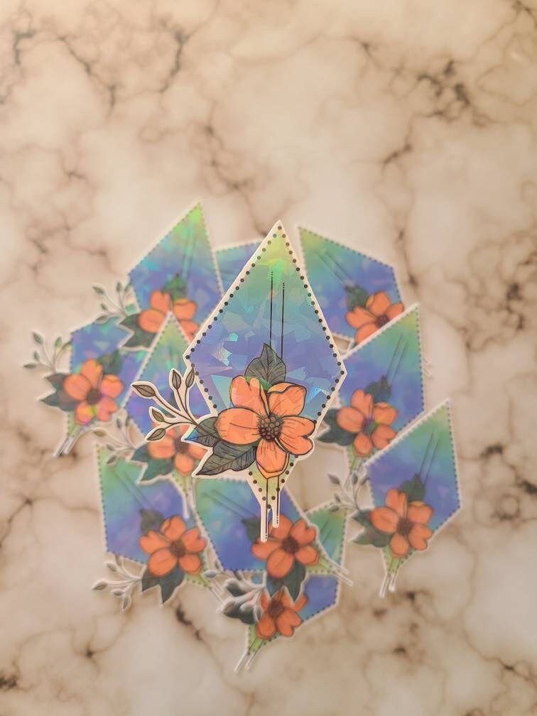 Holographic Pink Flower Geometric Diamond- Vinyl Sticker