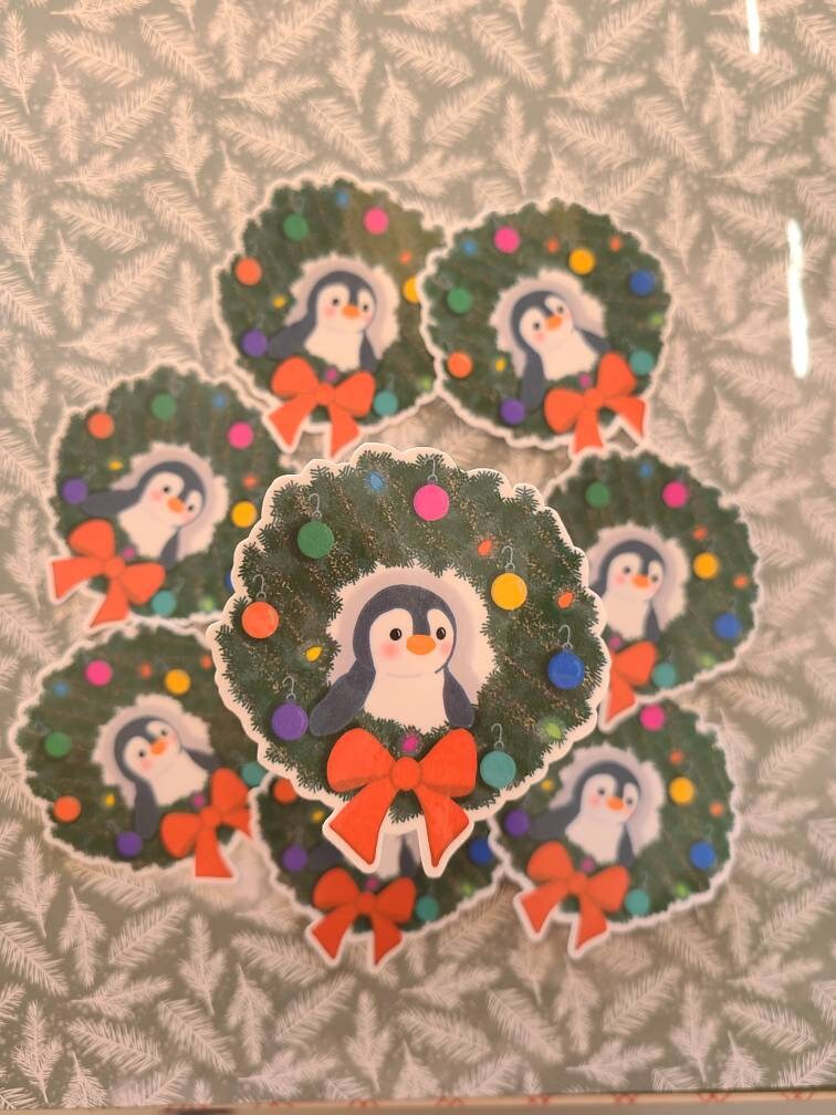 Cute Christmas Penguin in a Holiday Wreath - Vinyl Christmas Sticker