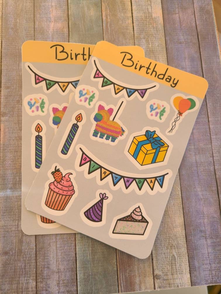 Happy Birthday Fun Sticker Sheet, 4 inch x 6 inch, Multi Colored, Journaling Stickers, Laptop, Waterbottle, Scrapbook Stickers