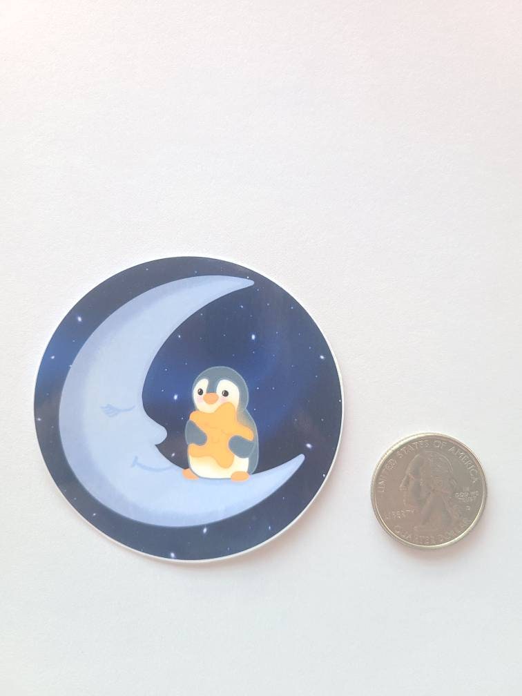 Cute Penguin on Moon with Fallen Star - Vinyl Sticker