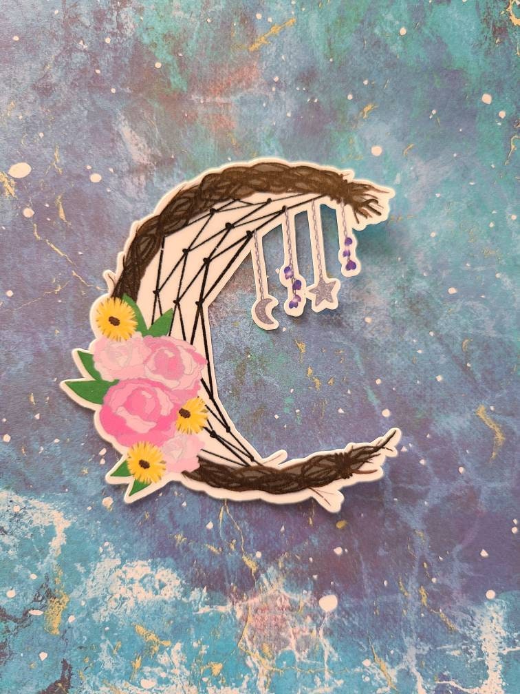 Floral Wreath Cresent Dreamcatcher with Peonies and Daisies with Moon and Star Charms - Laminated Vinyl Sticker