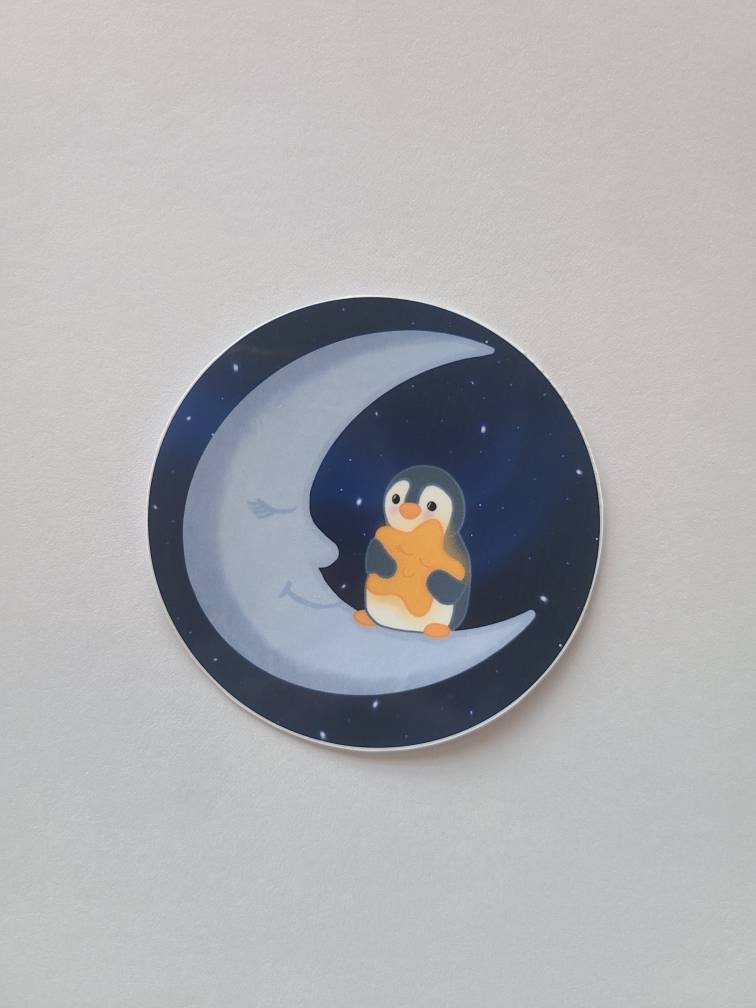 Cute Penguin on Moon with Fallen Star - Vinyl Sticker