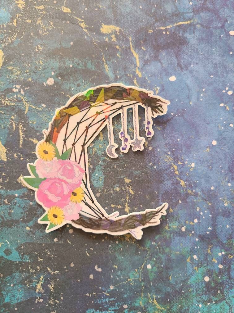 Floral Wreath Cresent Dreamcatcher with Peonies and Daisies with Moon and Star Charms - Laminated Vinyl Sticker
