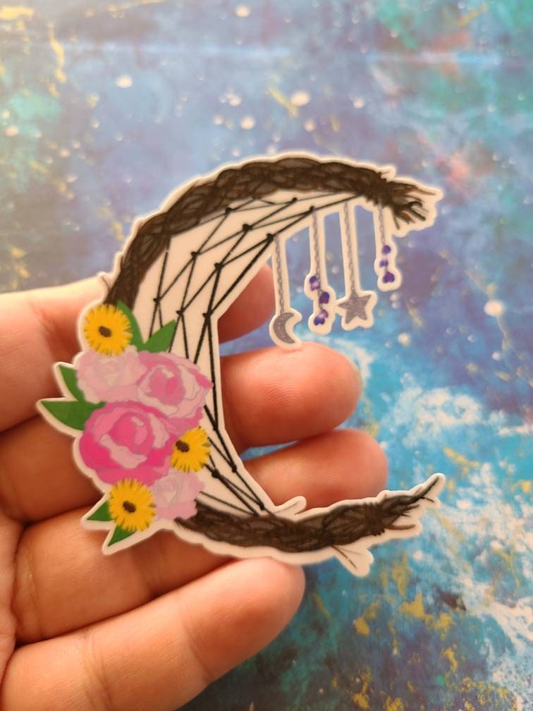 Floral Wreath Cresent Dreamcatcher with Peonies and Daisies with Moon and Star Charms - Laminated Vinyl Sticker