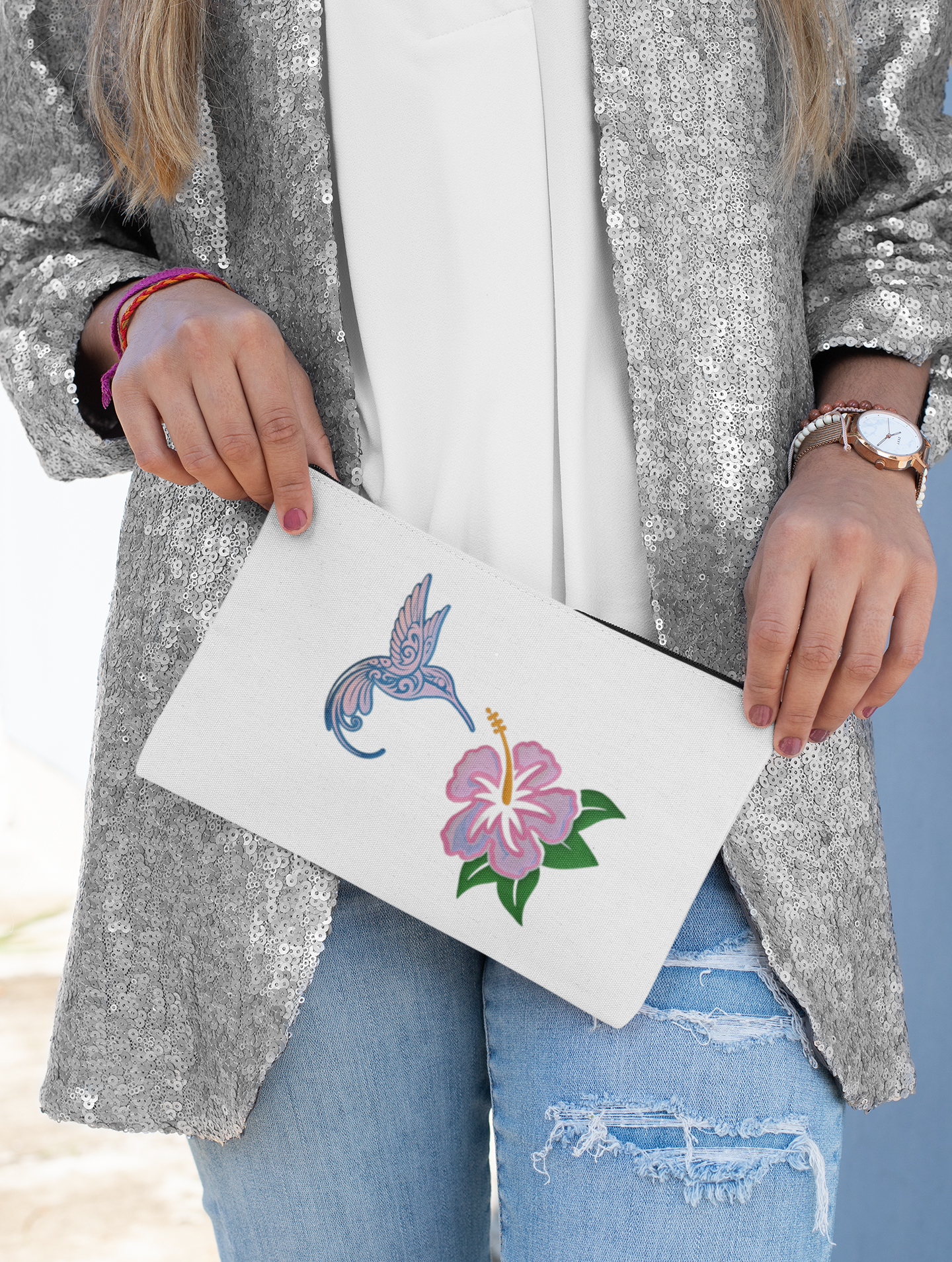Holographic Hummingbird & Hibiscus Floral Tote Bag Set – Handmade Vinyl Design