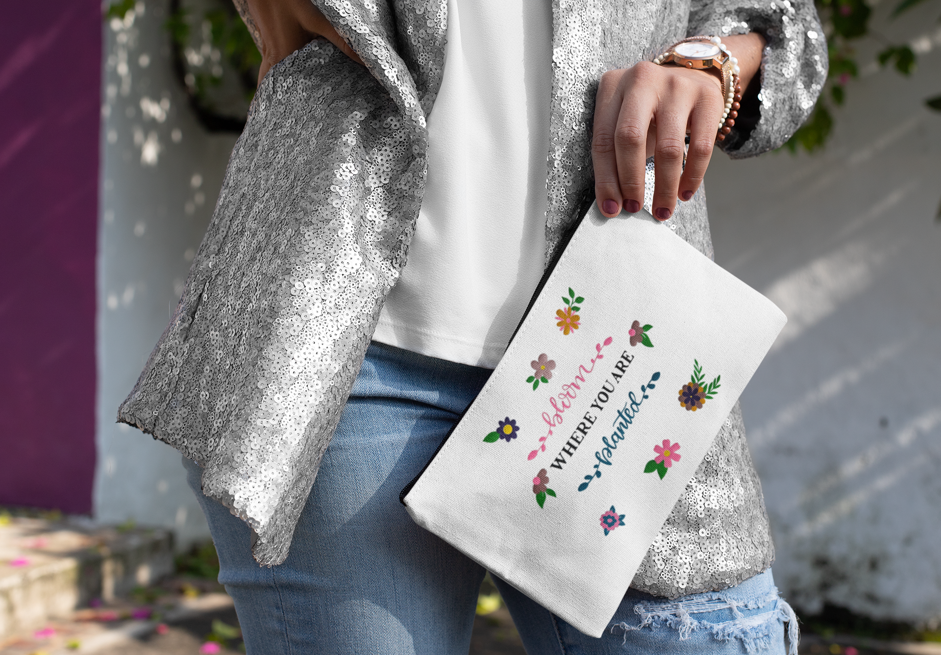 “Bloom Where You Are Planted” Floral Tote Bag Set – Handmade Vinyl Design
