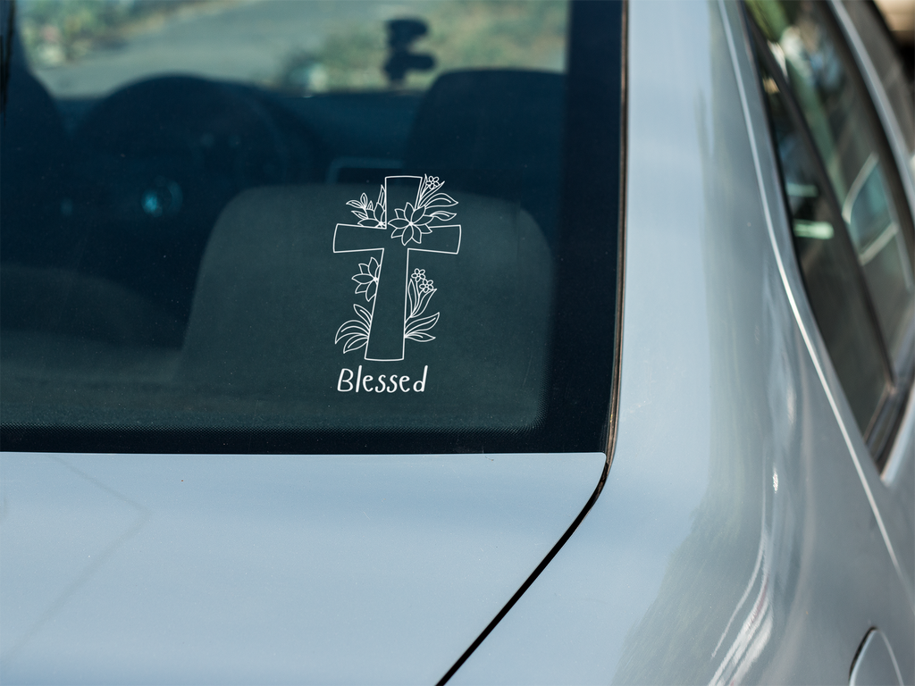 Blessed, Cross with Flowers Window Decal, Car Decal