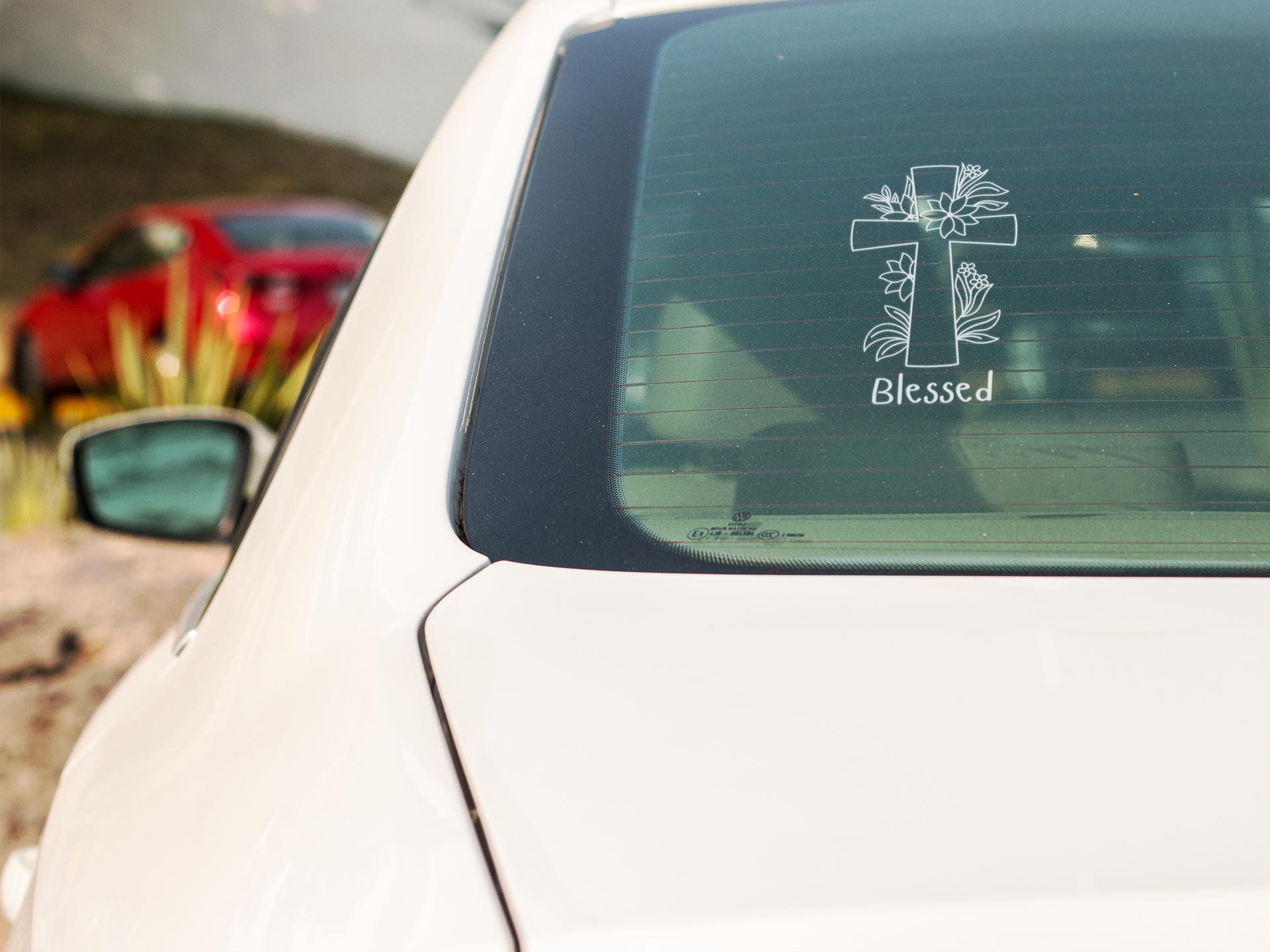 Blessed, Cross with Flowers Window Decal, Car Decal