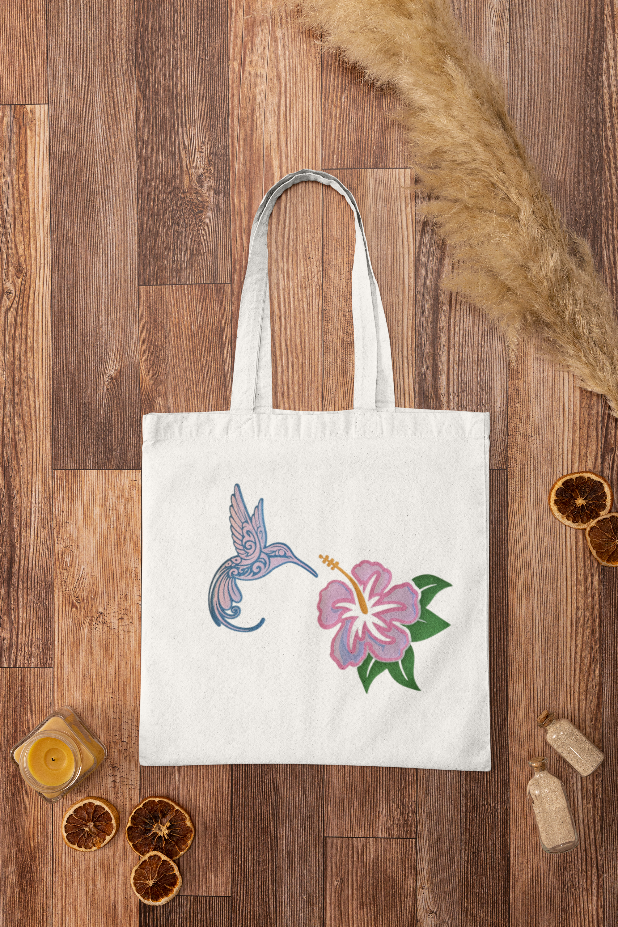 Holographic Hummingbird & Hibiscus Floral Tote Bag Set – Handmade Vinyl Design
