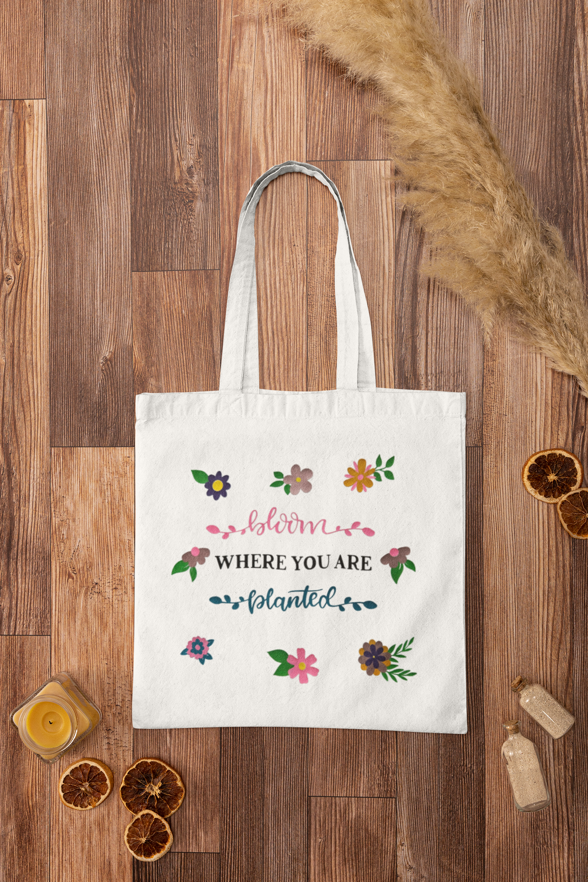 “Bloom Where You Are Planted” Floral Tote Bag Set – Handmade Vinyl Design
