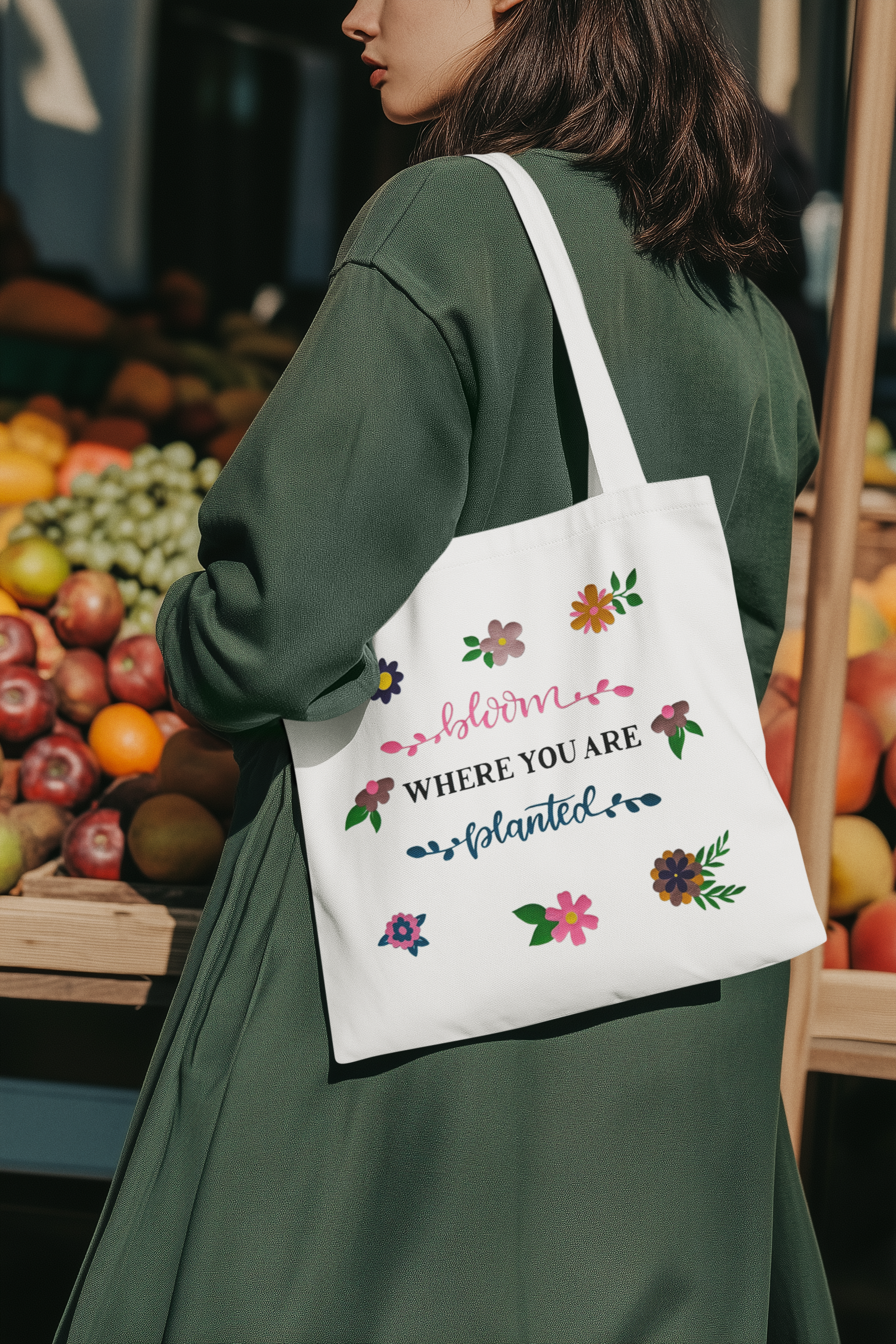“Bloom Where You Are Planted” Floral Tote Bag Set – Handmade Vinyl Design