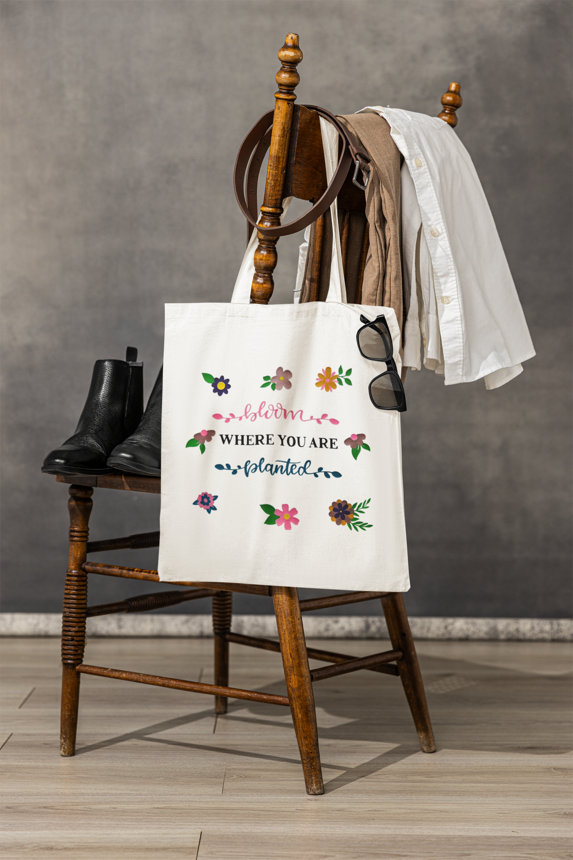 “Bloom Where You Are Planted” Floral Tote Bag Set – Handmade Vinyl Design